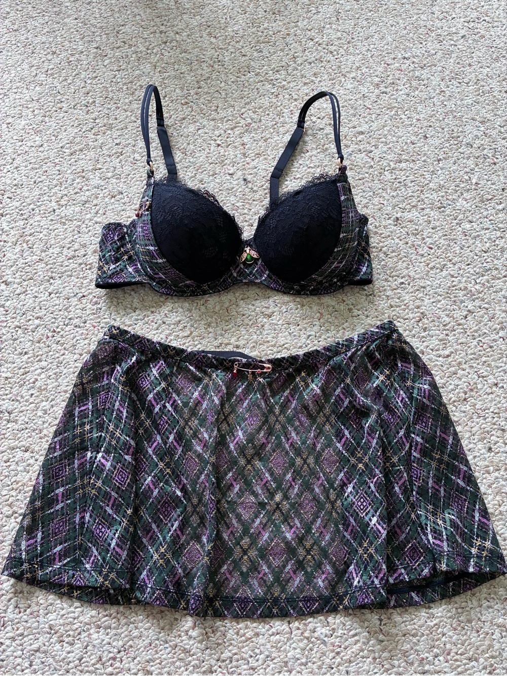 Rare 3-Pc Savage X Fenty Plaid Lace Set - Bra 36C / M Skirt & Thong